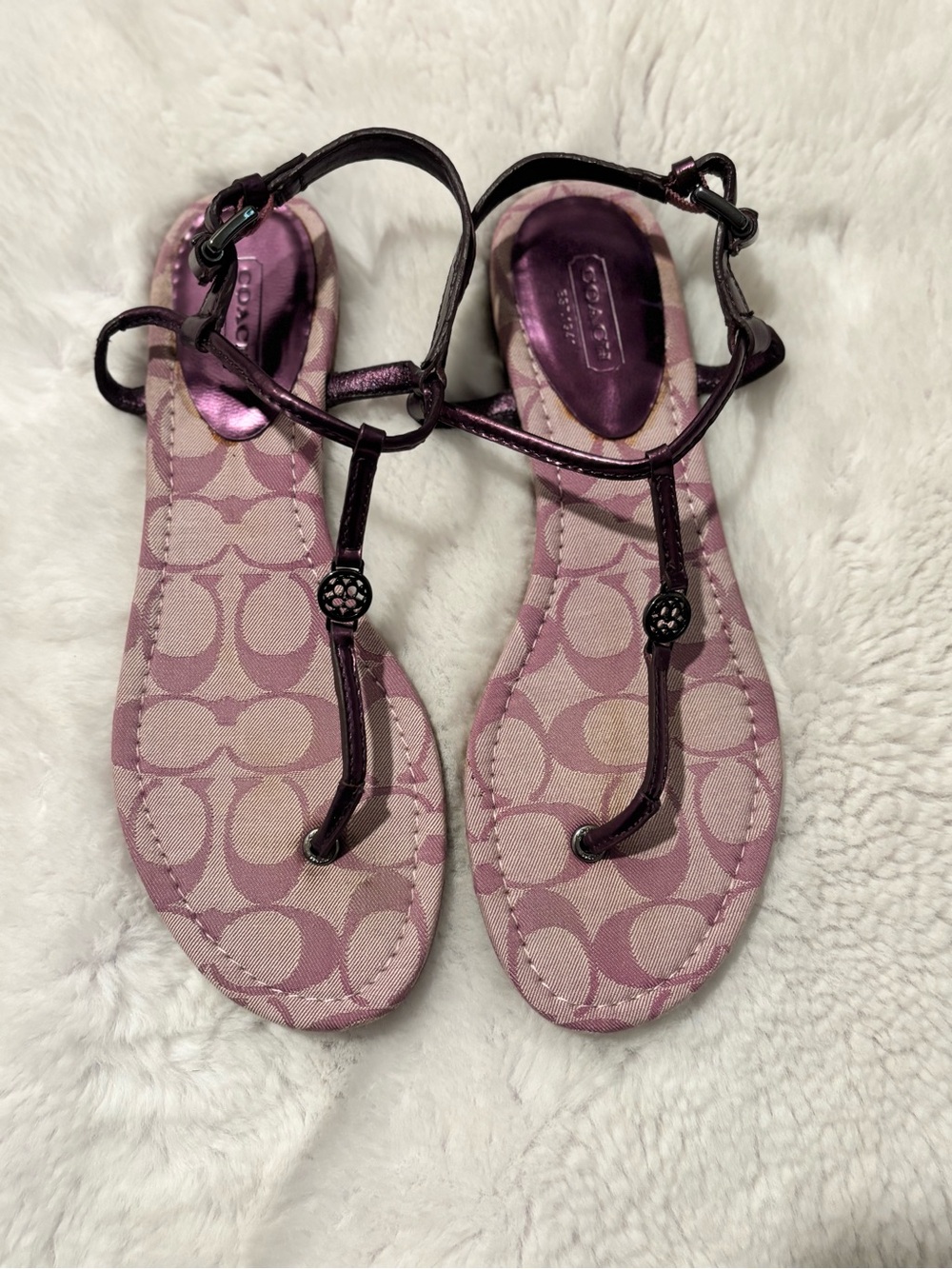 Coach Shirley Purple Metallic T-Strap Sandals Size 7.5B Monogram